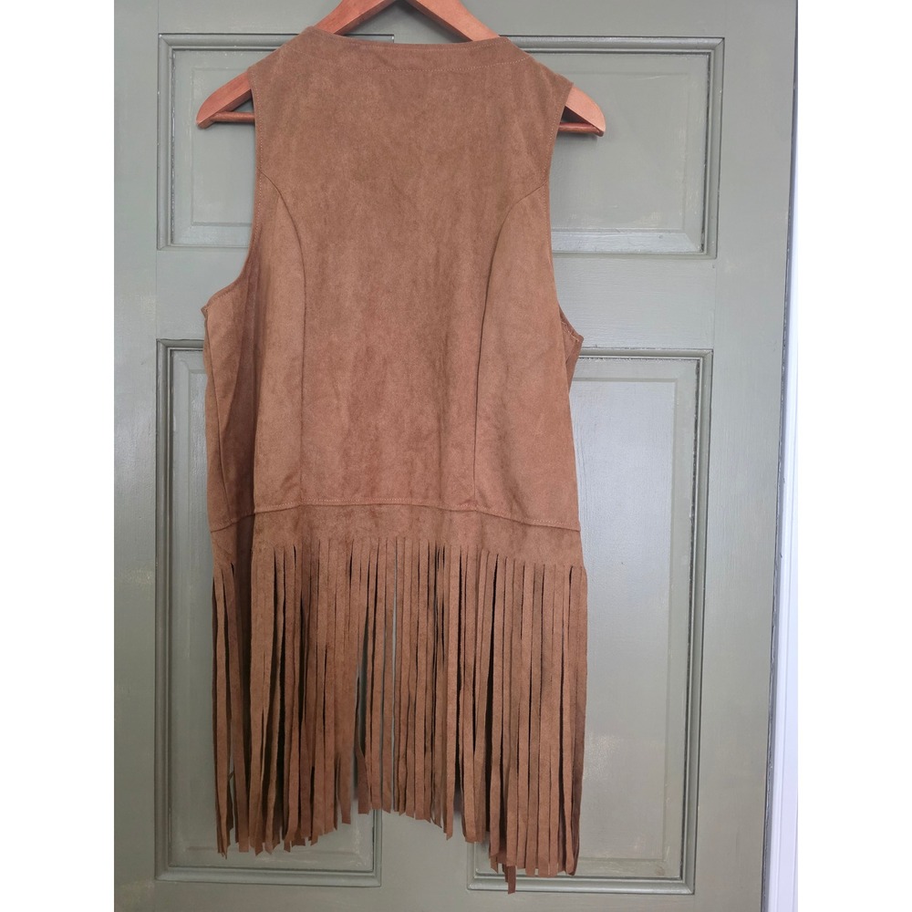 Womens XL Brown Faux Suede Fringe Vest Open Front Boho Western Tassel Sleeveless - Picture 4 of 5
